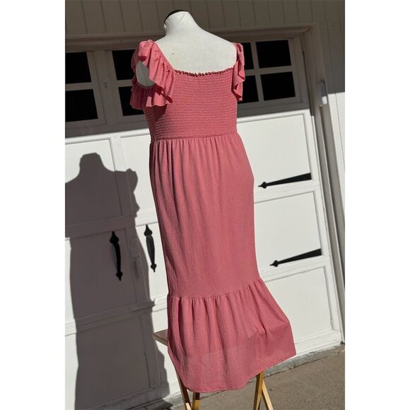 Liberty Love Women's 2XL Pink Smocked Tiered Midi Dress Short Sleeve Ruffle - Picture 9 of 11